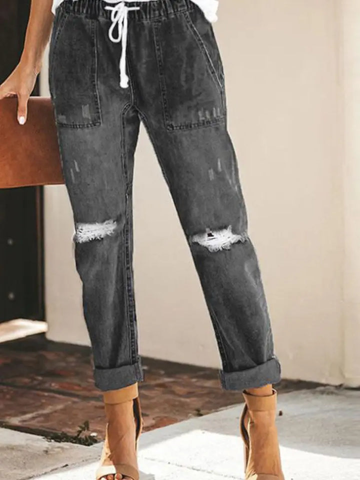 Autumn Drawstring Ripped Denim Pants