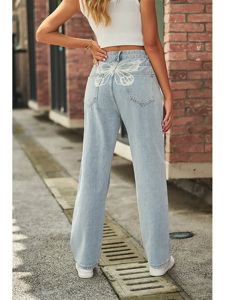 Light Wash Mid-Waist Butterfly Print Jeans