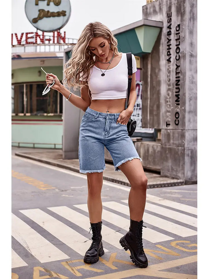 Versatile Frayed Hem Denim Shorts