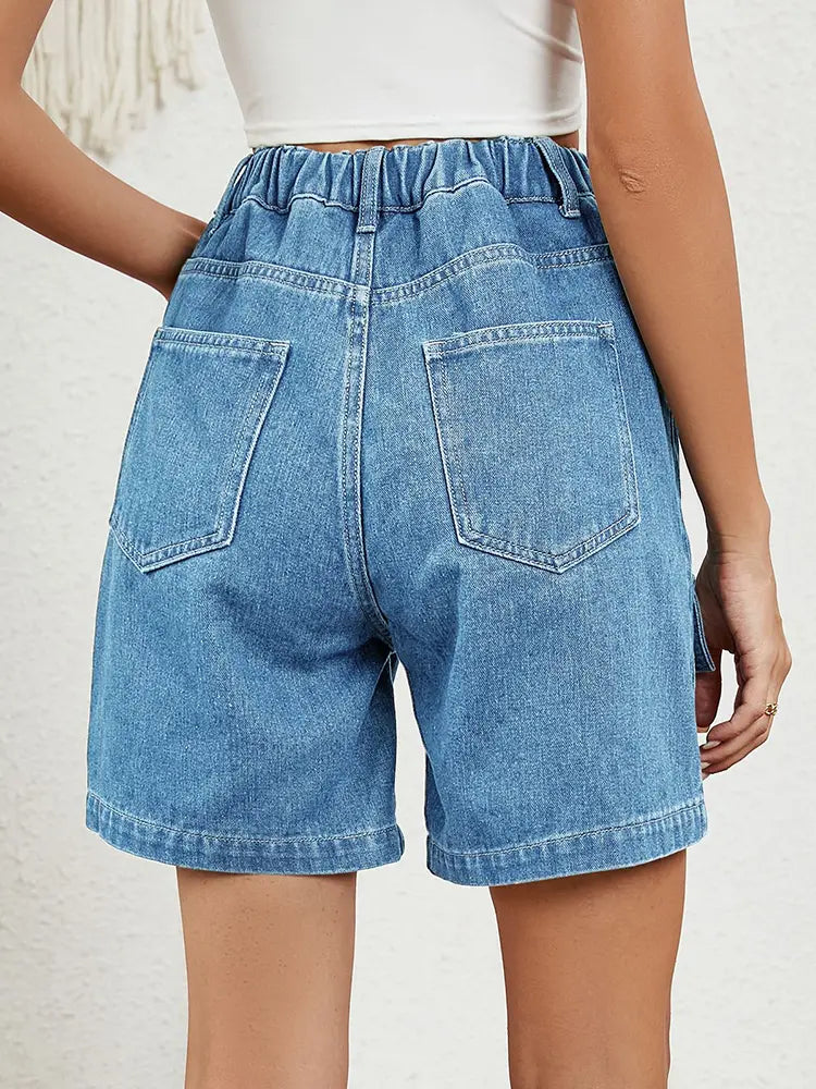 Washed Elastic Utility Denim Shorts