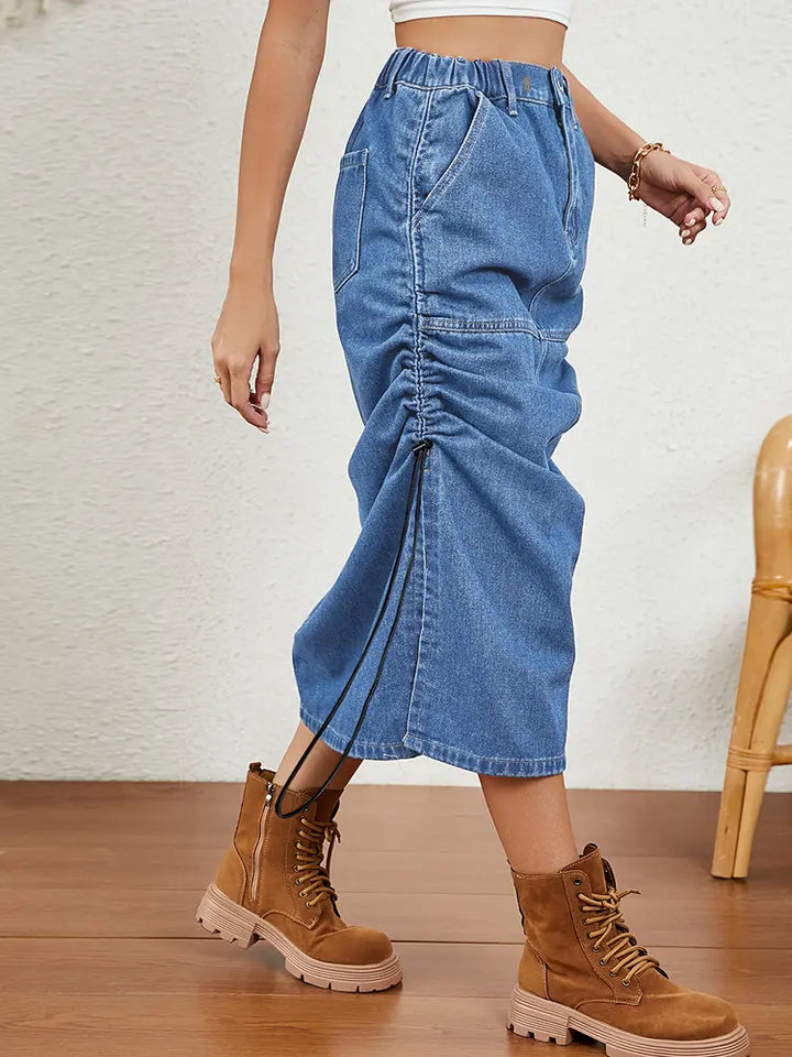 Saia Midi de Denim com Cordão Relaxado