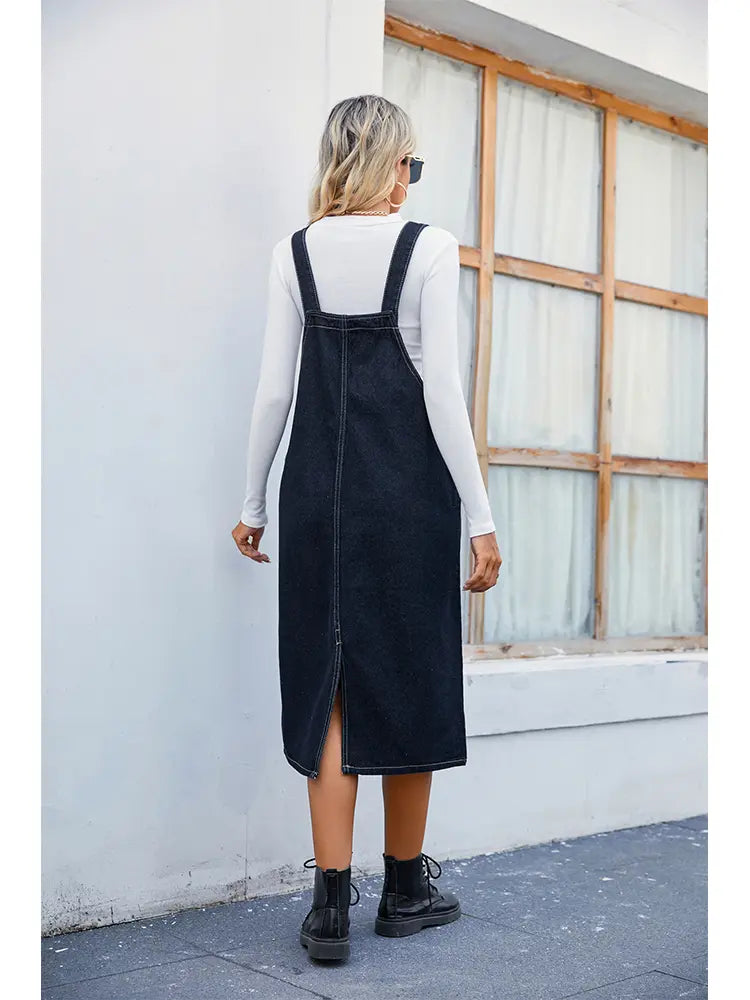 Trendy Denim Pinafore Dress Midi Skirt