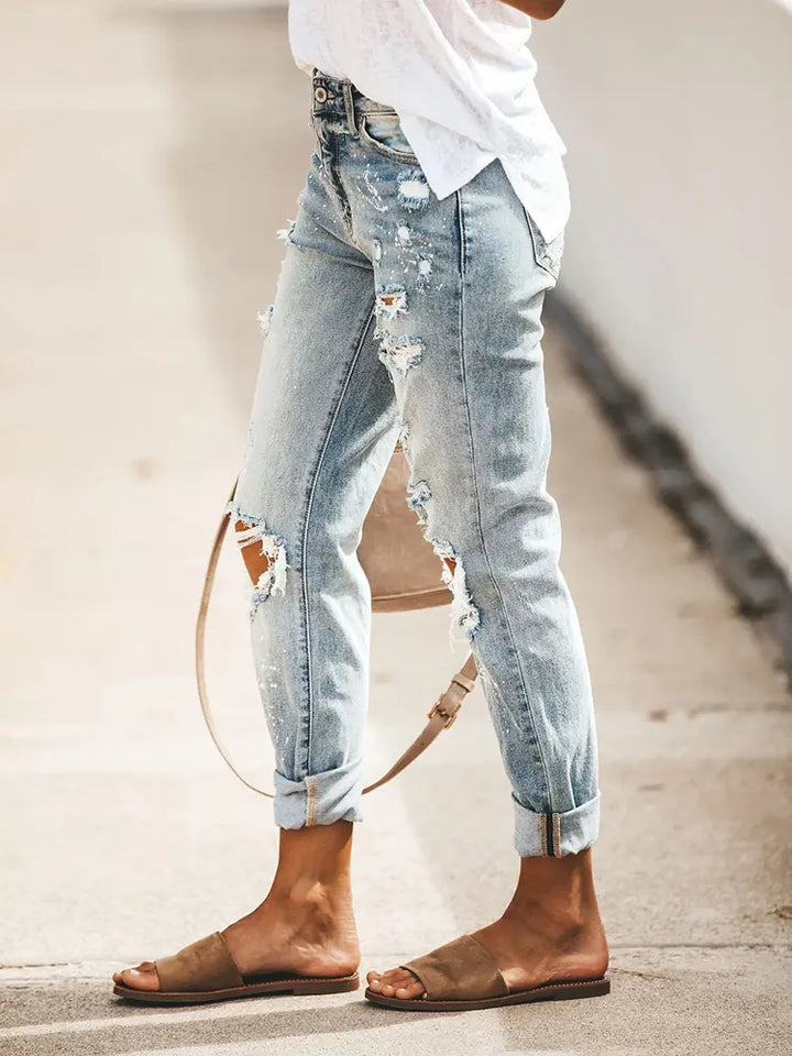 Unique Paint Splatter Distressed Cropped Denim Pants