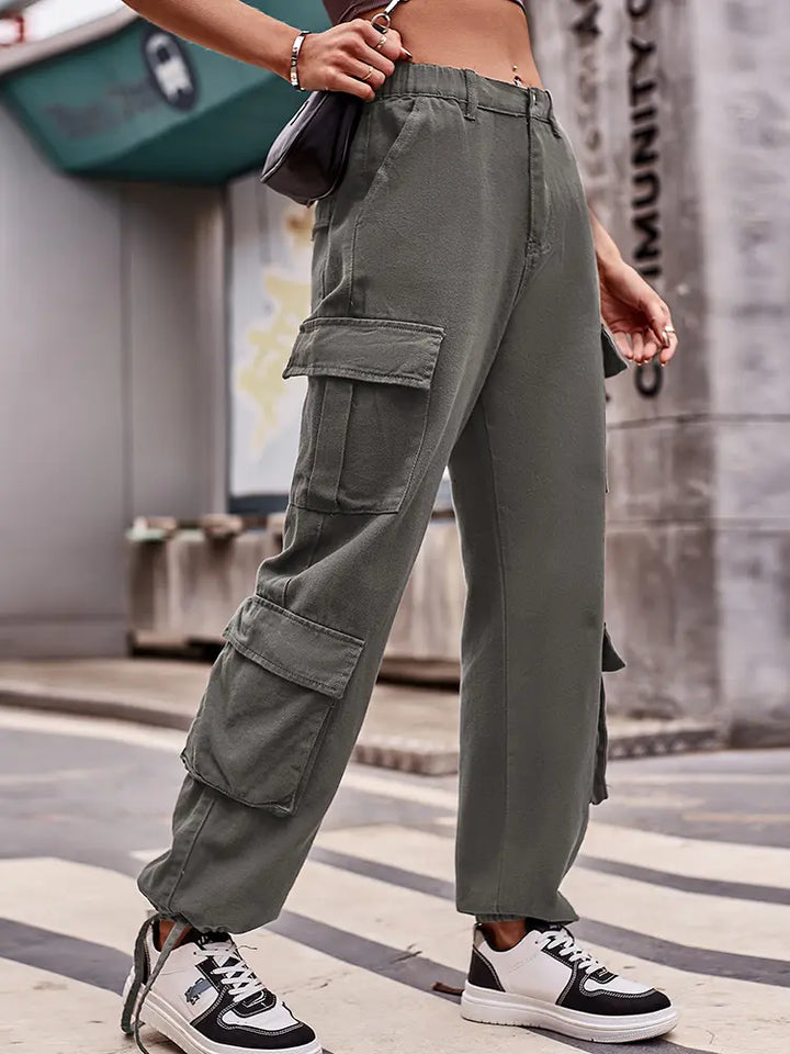 Pantalons cargo en denim à taille élastique et coupe ample