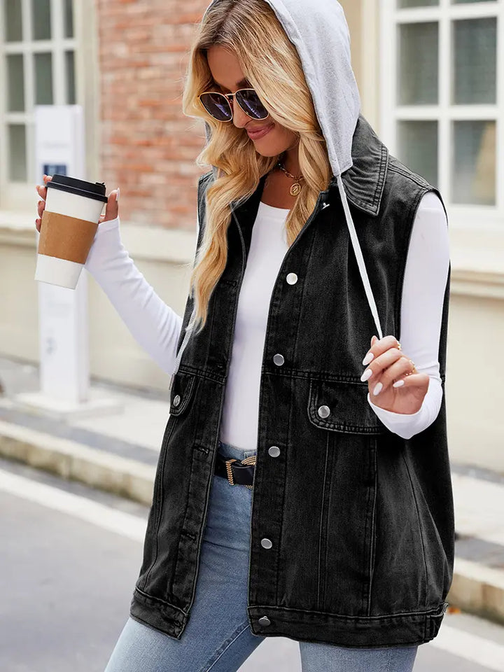 Colete de Denim com Capuz, Sem Mangas, Jaqueta de Verão, Tendência