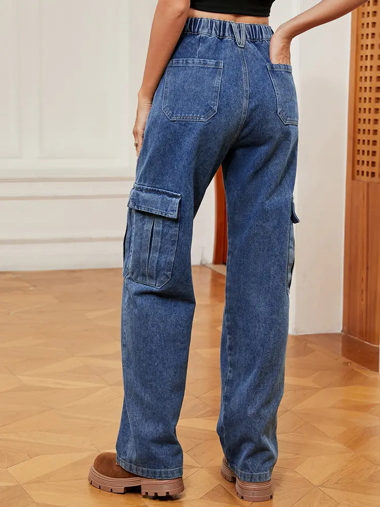 American Style Elastic-Waist Denim Cargo Pants