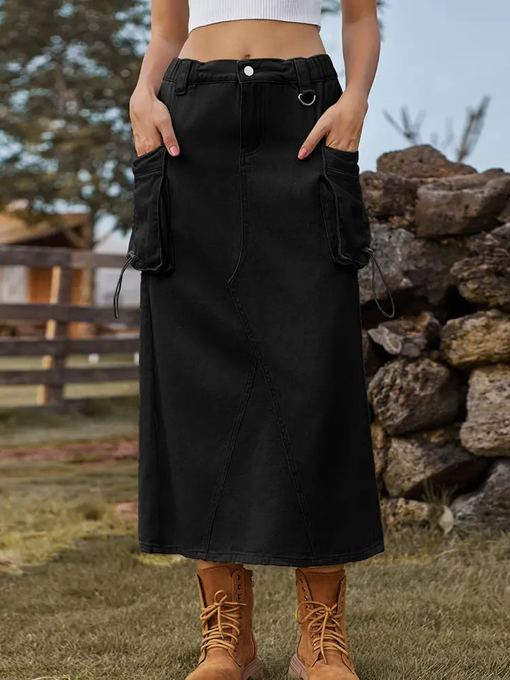 Vintage-inspirert denim cargo midi skjørt