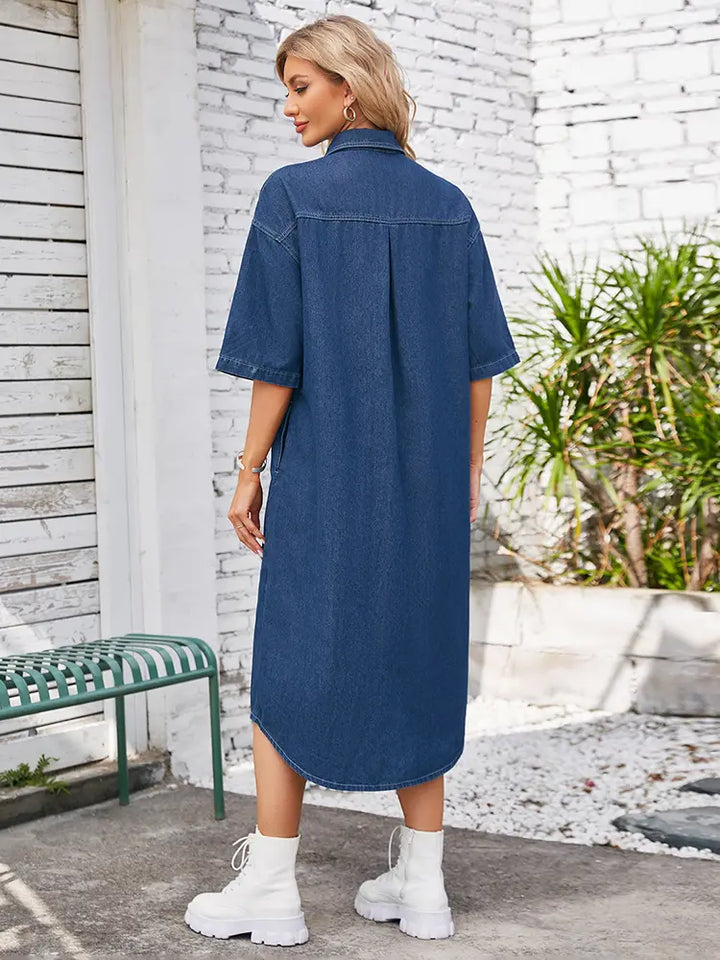 Washed Casual Short-Sleeve Denim Maxi Dress