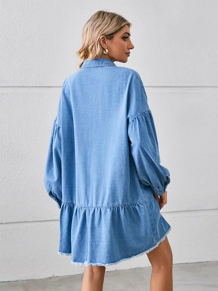 Oversized na Frayed na Denim Midi Dress