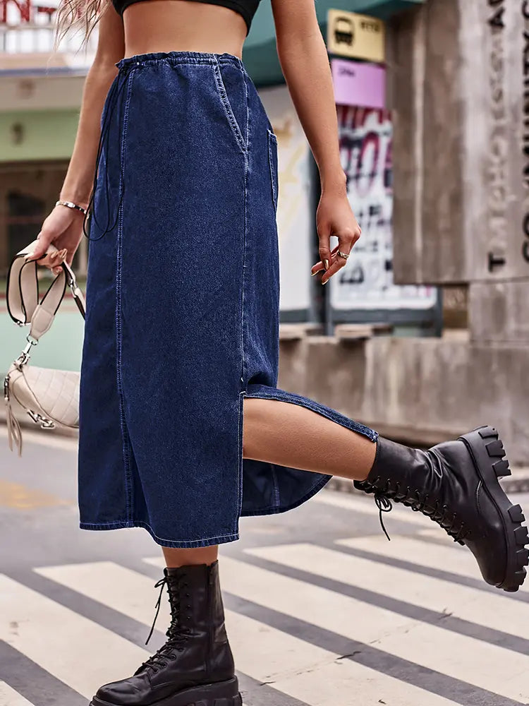 Denim Midi Skirt na may Drawstring sa Baywang