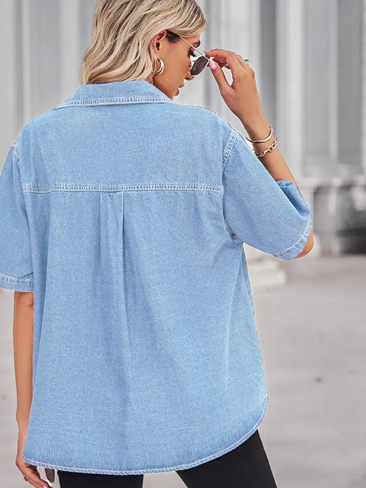 Soft Washed Denim Short-Sleeve Cardigan