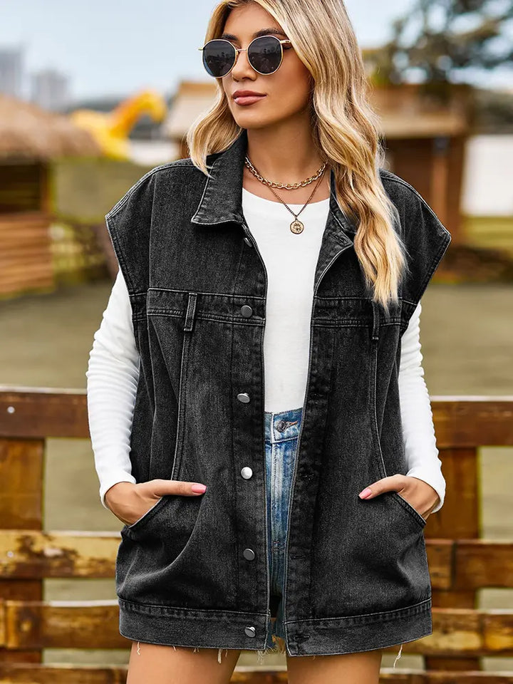 Gewassen denim vest met unieke zakken