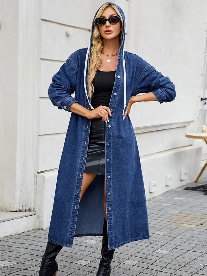 Hooded Long Denim Trench Coat