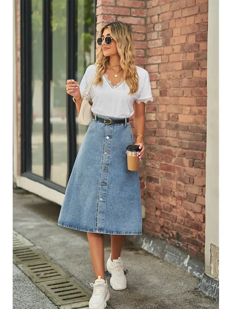 Gonna Button-Down in Denim Lavato Snellente