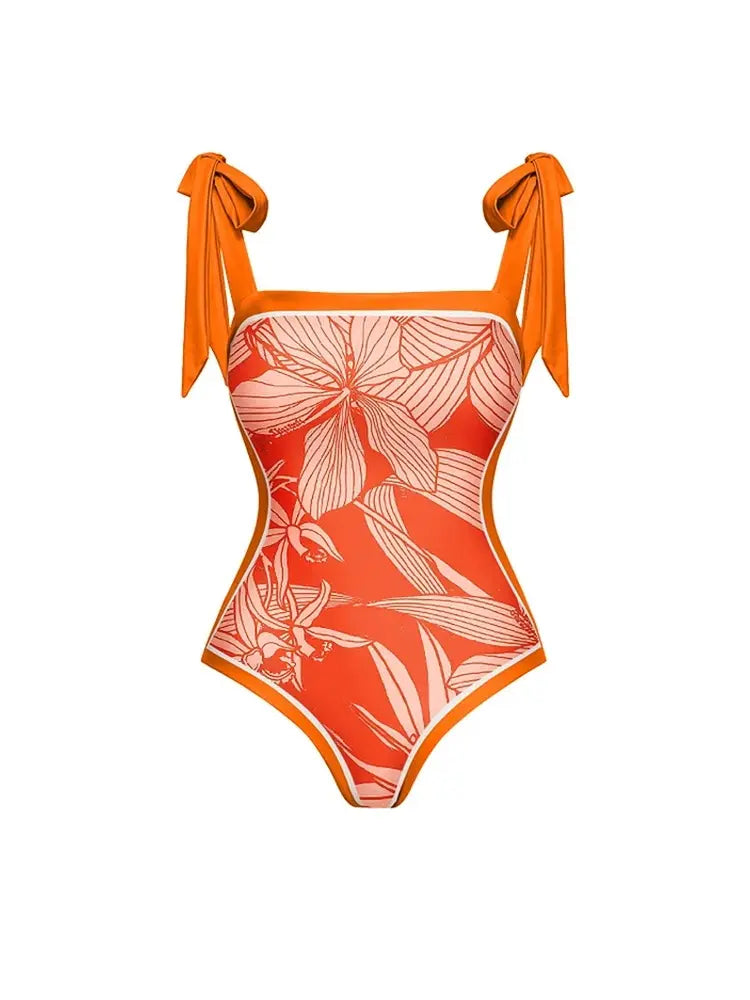 Set ng Isang Pirasong Swimsuit na may Tali at Print