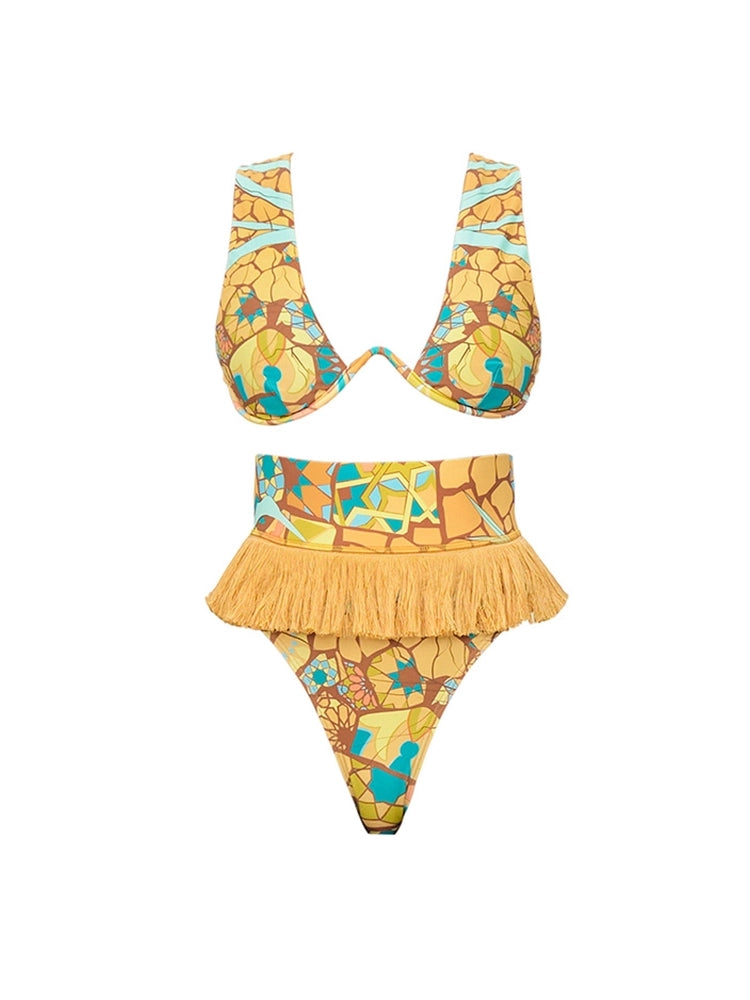 Set ng Bikini na may Boho Tassel at Tribal na Disenyo