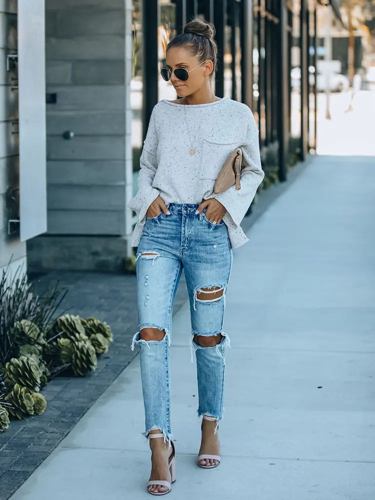 Street Style Ripped Slim-Fit Ankle-Length Jeans