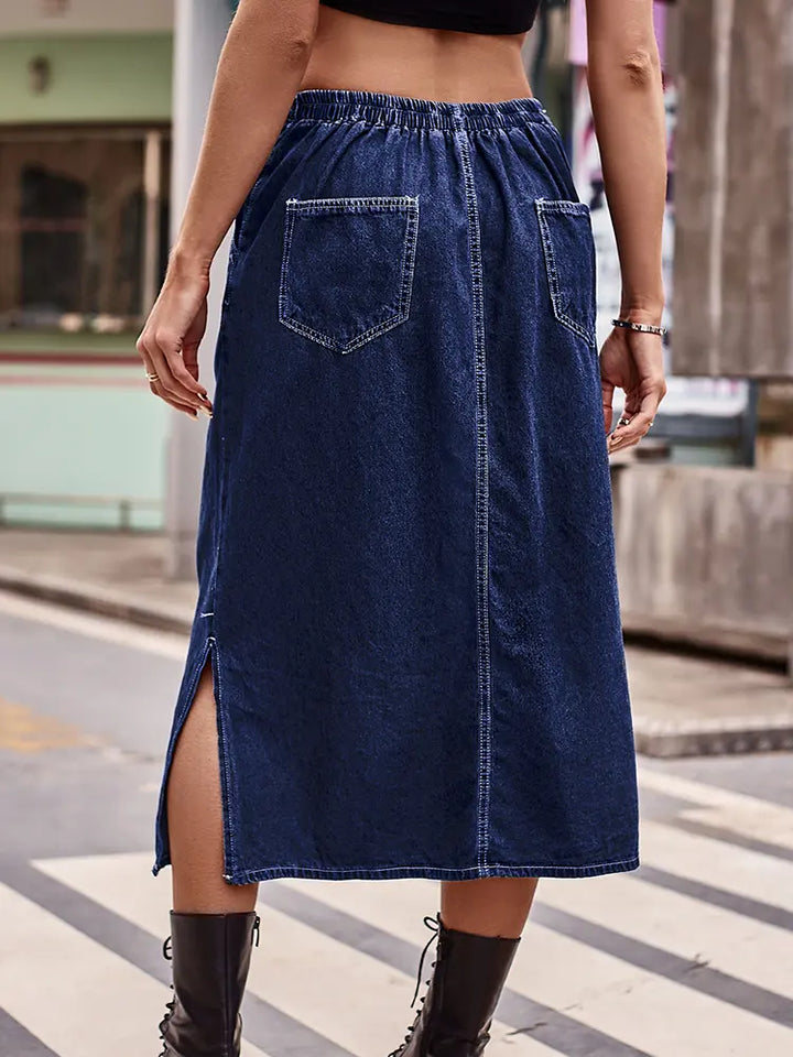 Drawstring Waist Denim Midi Skirt