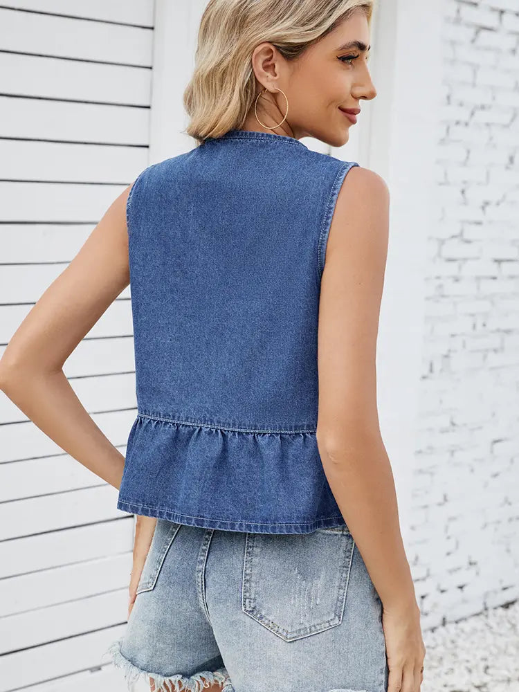 Ruffled Tie-Front Denim Vest Top