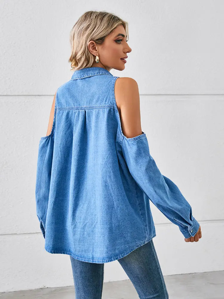 Camicia in denim con spalle scoperte e lacci, lavata