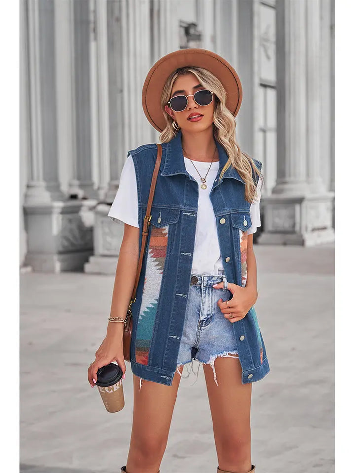 Retro Geometrisk Patchwork Denim Vest