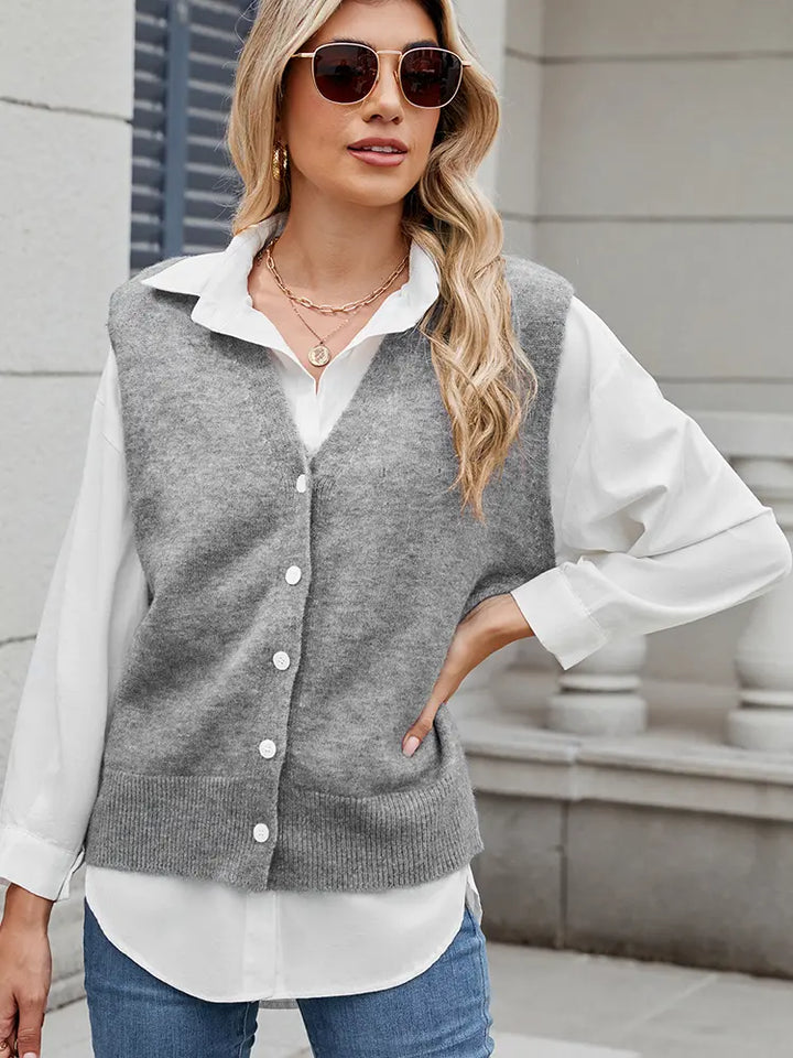 Trendy Button-Up Knit Vest Sweater