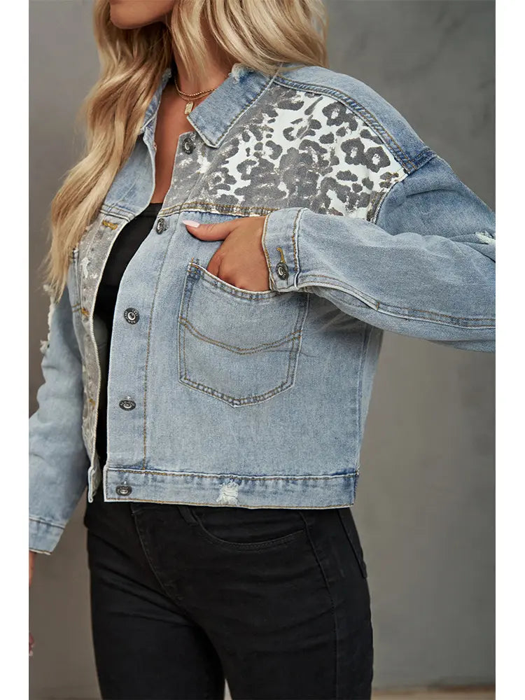 Leopard Print Denim Patchwork Jacket