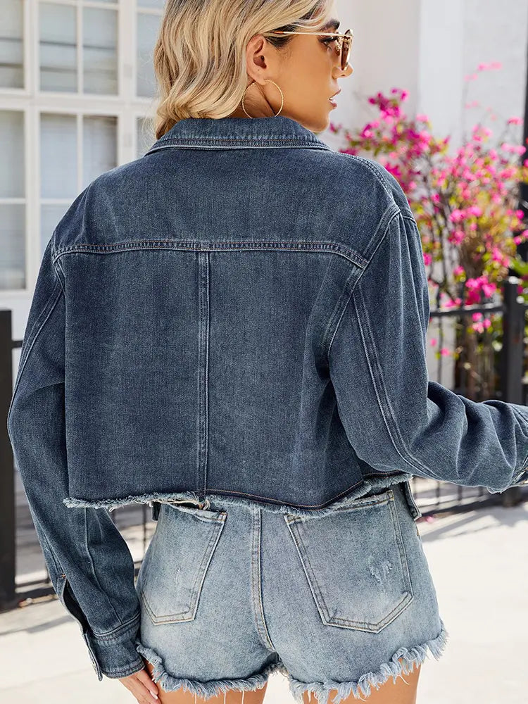 Veste en denim décontractée cropped à ourlet effiloché