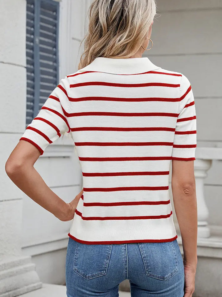 Striped Knit Polo Short-Sleeve Sweater