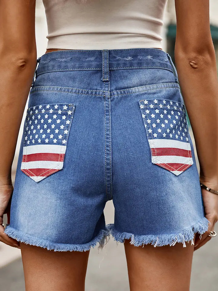 Flag Print Distressed Button-Up Denim Shorts