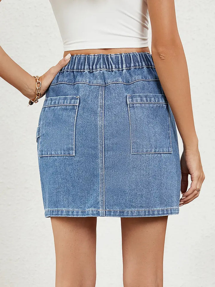 Washed Elastic Waist Denim Skirt