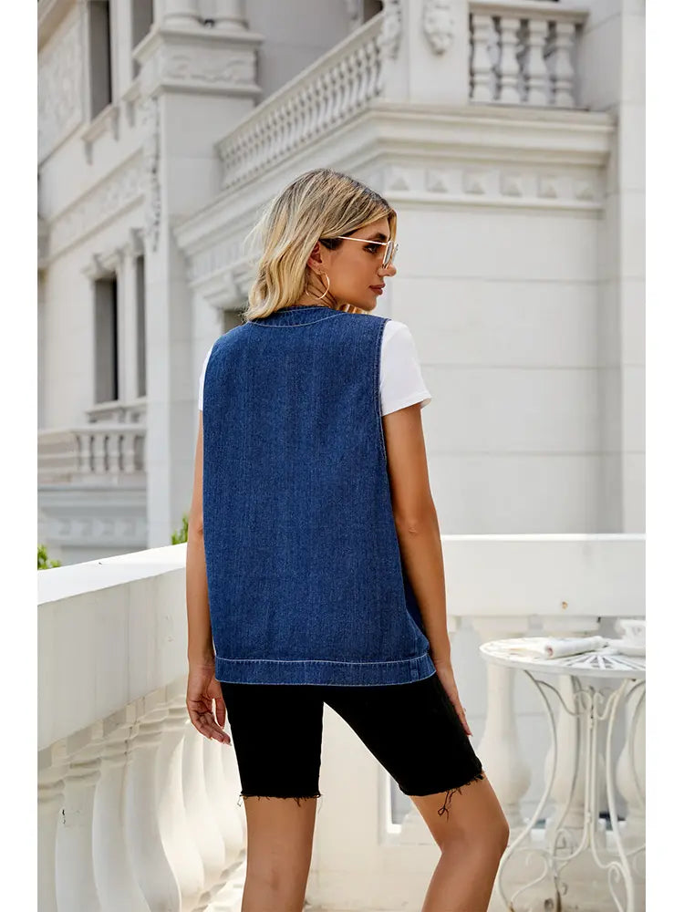 Multi-Pocket Washed Denim Vest