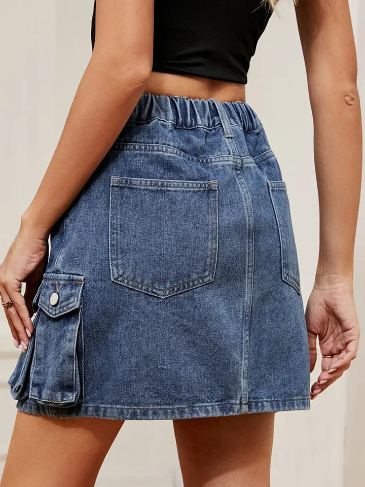 Washed Multi-Pocket Denim Cargo Skirt