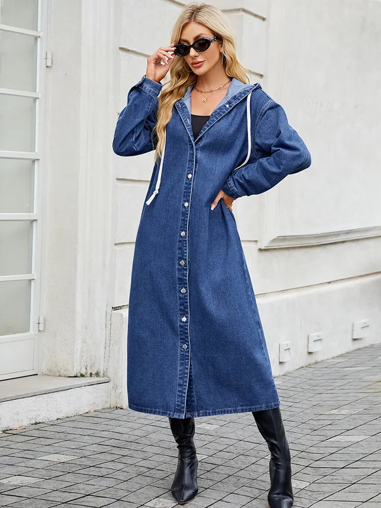 Hooded Long Denim Trench Coat