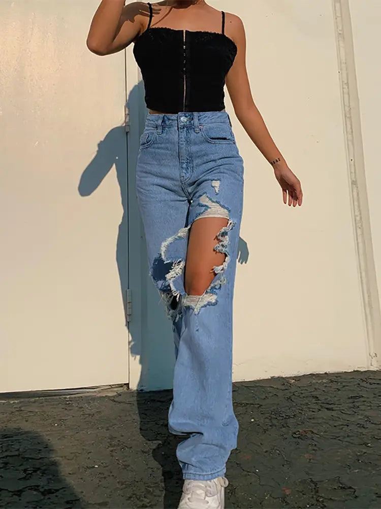 Sommer Løs Straight-Leg Revnet Jeans