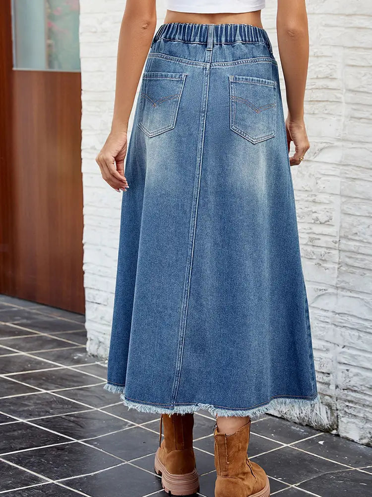 Washed Frayed Hem Denim Skirt