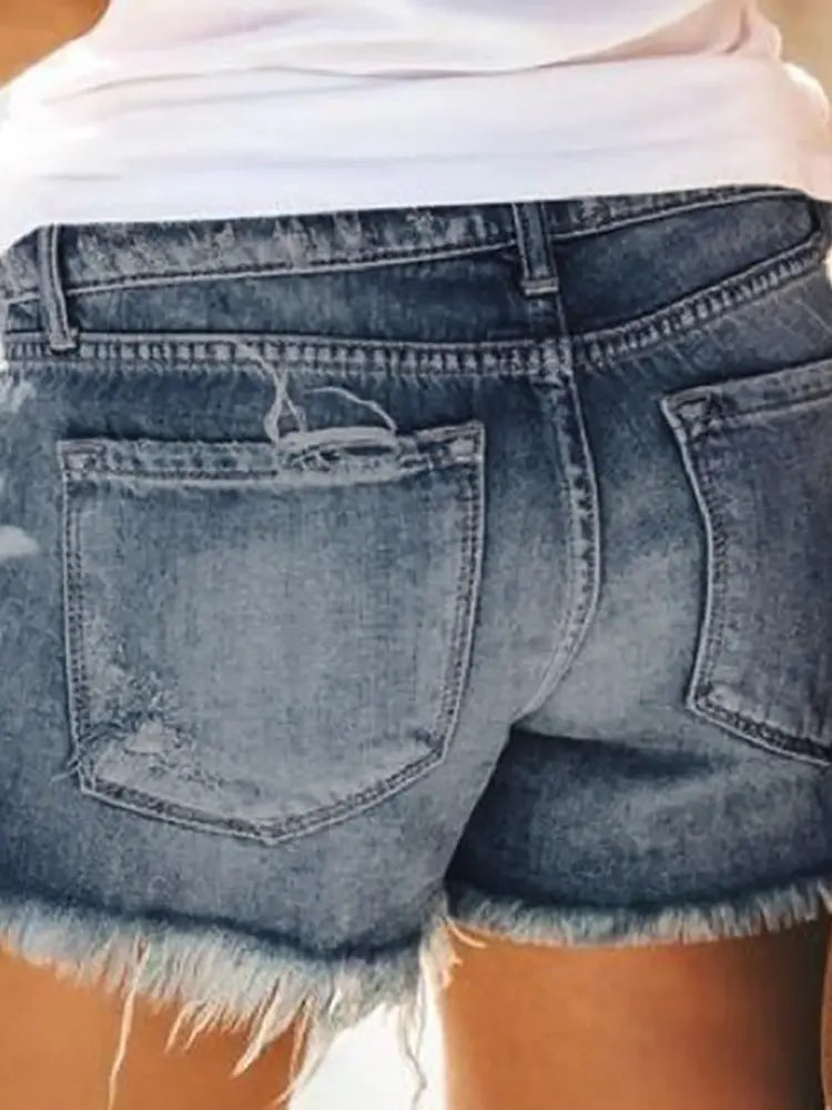 High-Waist Fringed Ripped Denim Shorts