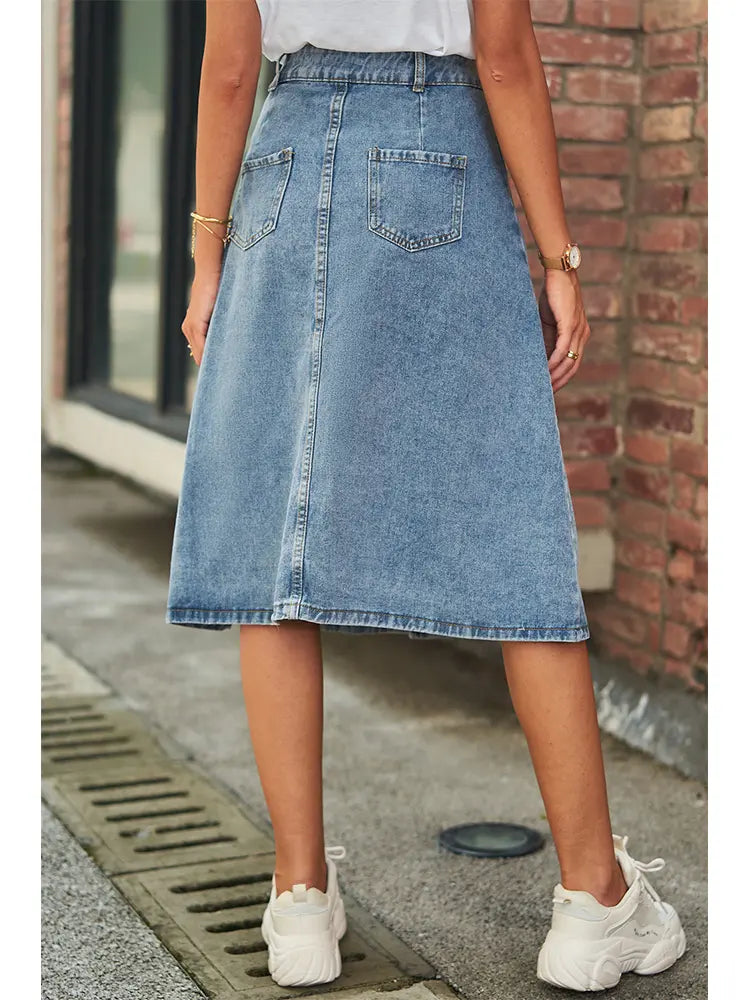 Slimming Washed Denim Button-Down Skirt