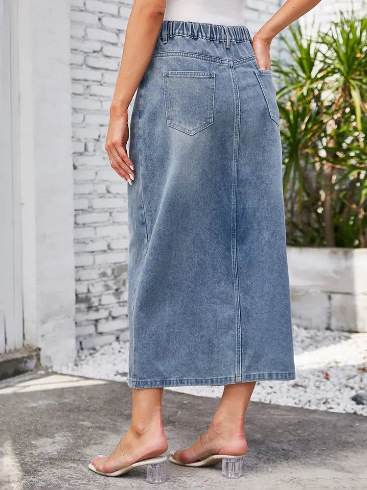 Washed Elastic Waist Denim Midi Skirt