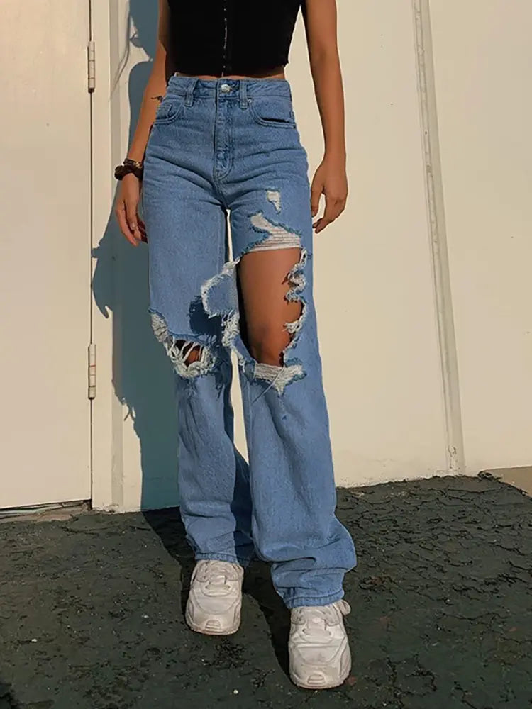 Summer Loose Straight-Leg Ripped Jeans