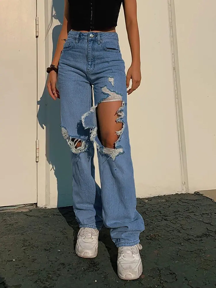 Sommer Løs Straight-Leg Revnet Jeans