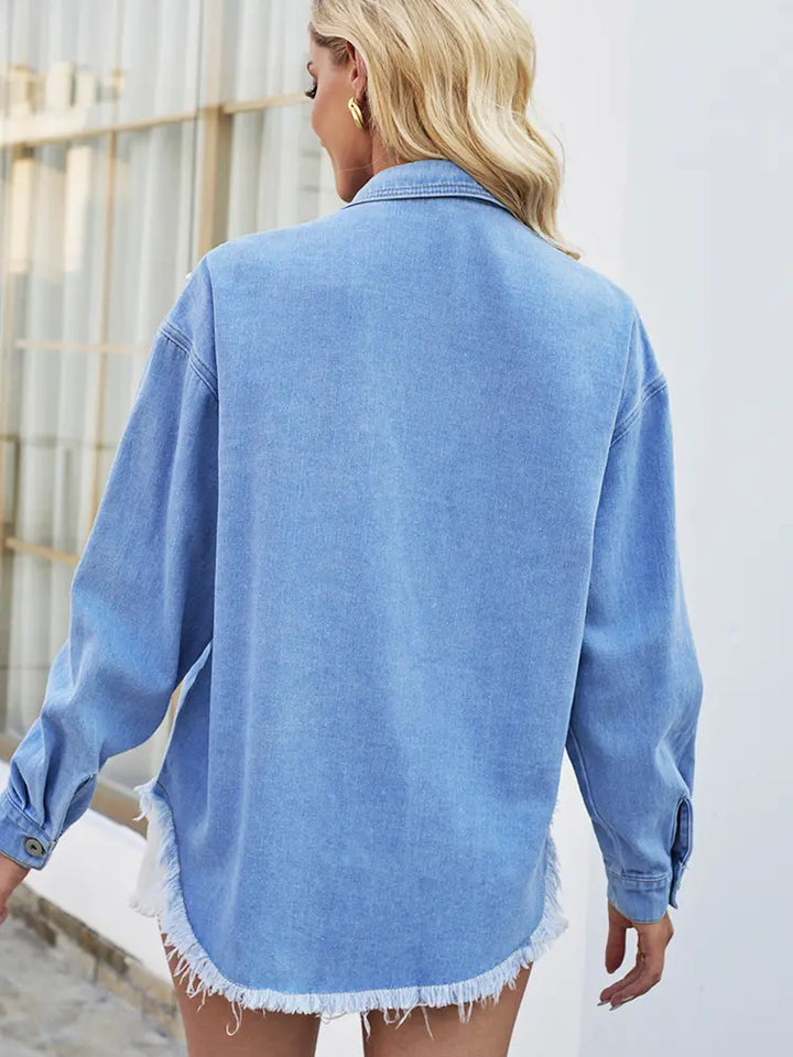 Beaded Frayed Oversized Denim Shirt