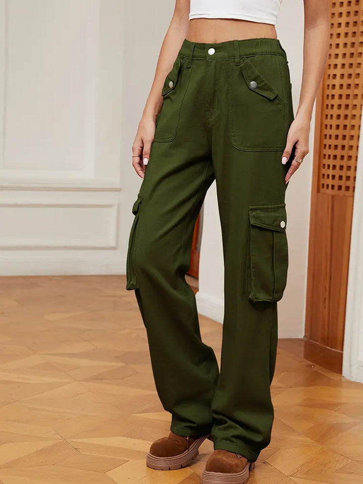 Retro Elastic Waist Denim Cargo Pants