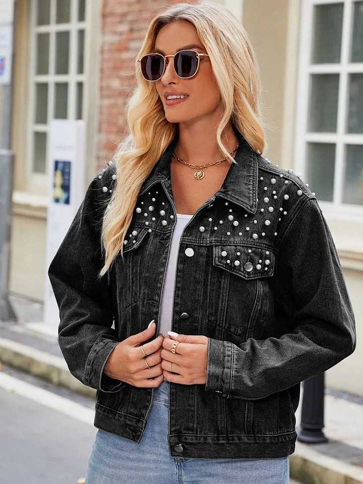 Slim-Fit Pearl-Shoulder Denim Jacket