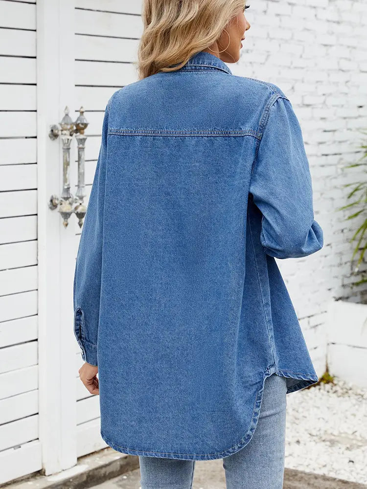 Relaxed Fit Snap-Button Long-Sleeve Denim Shirt