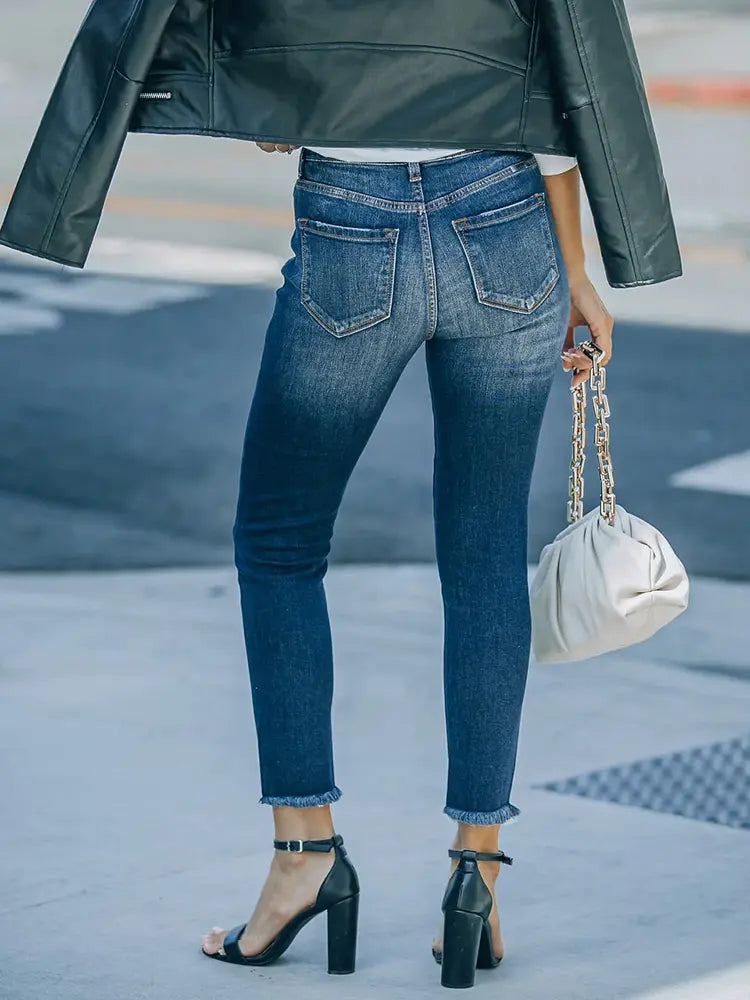 Stretch Button-Up Ripped Ankle-Length Jeans