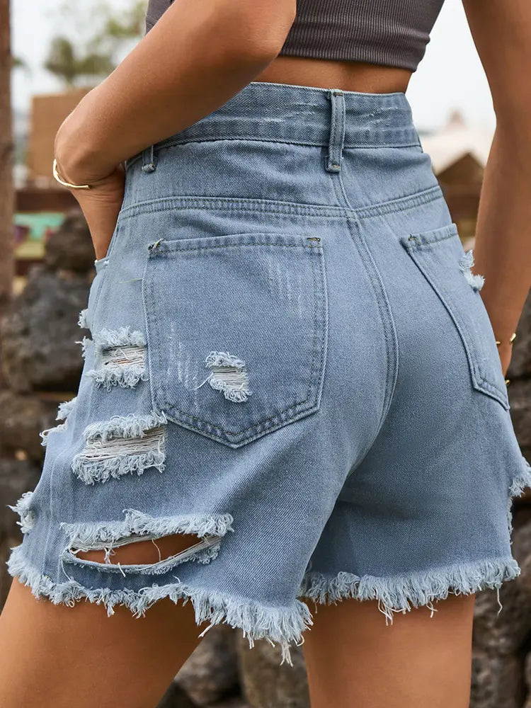 Asymmetrische Versleten Gefranjerde Denim Shorts