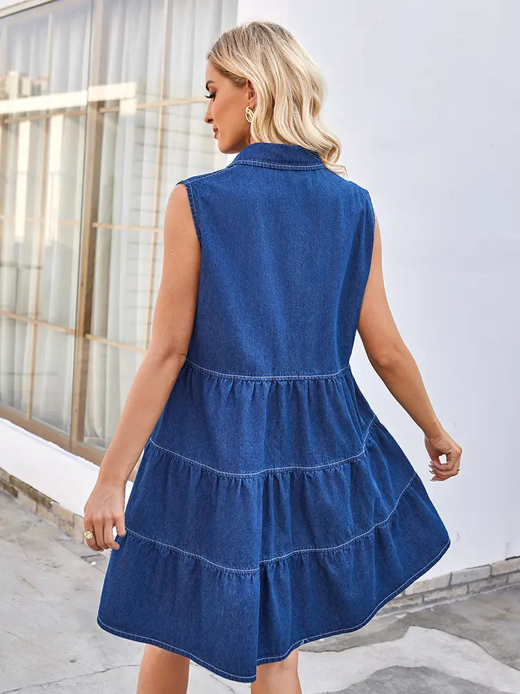 Vestido de Verão Sem Mangas em Patchwork de Denim