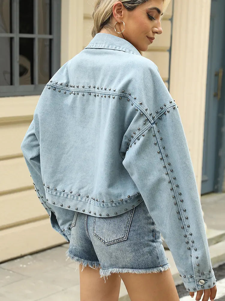 Washed Loose-Fit Studded Denim Jacket