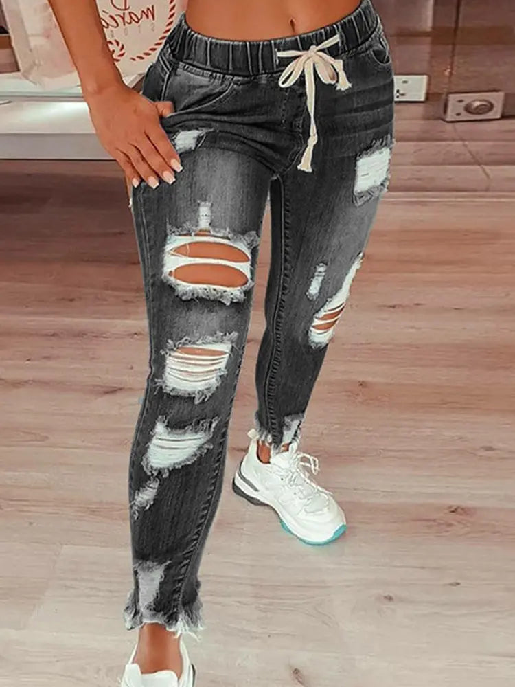 Drawstring Distressed Relaxed-Fit Street Denim Pants